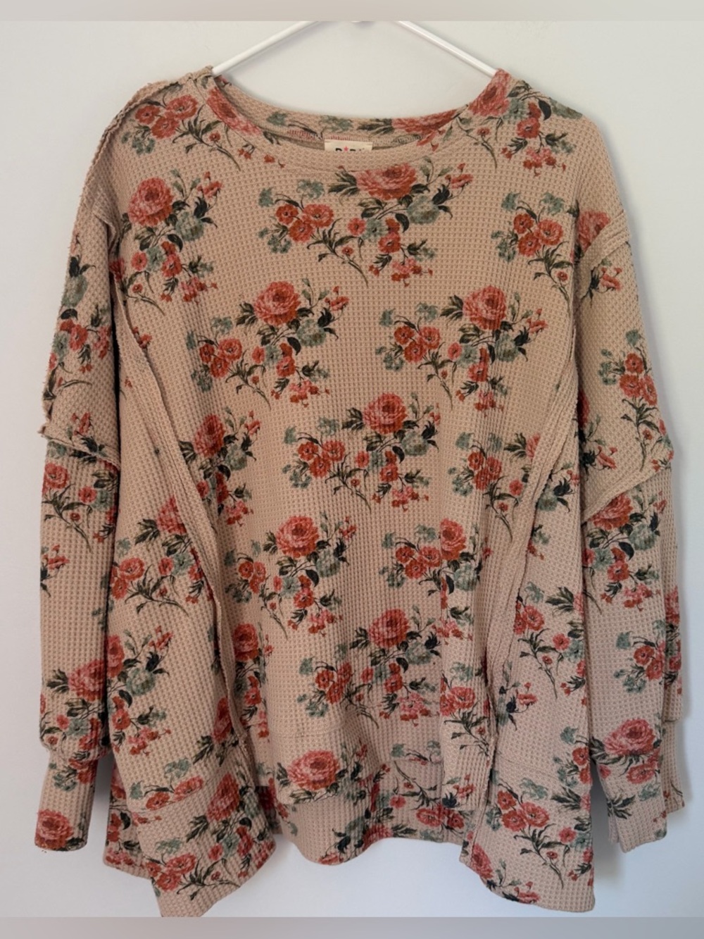BIBI Floral Thermal Waffle Knit Top Medium Pink Green Rose Oversized Cottagecore